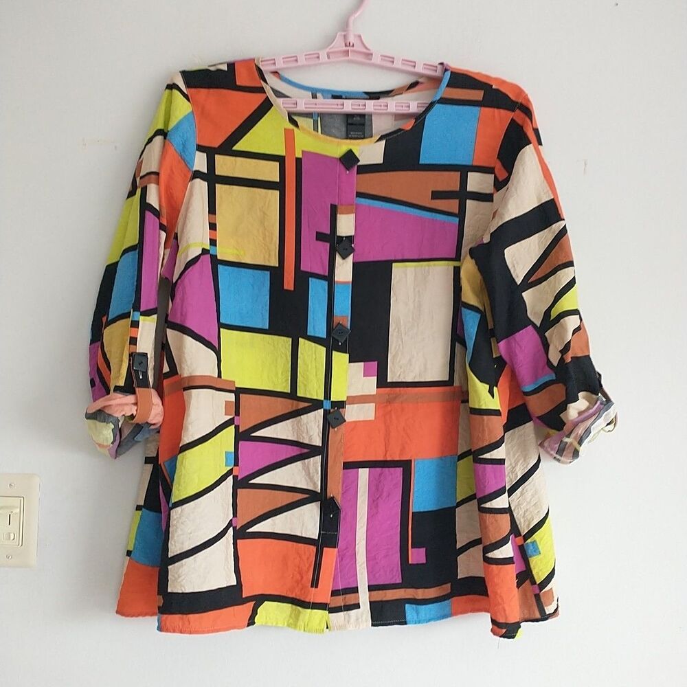Ali Miles Multicolor Geometric Print Tunic - Orange, Blue, Pink, Yellow, Black